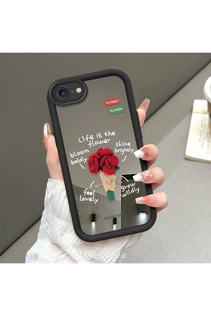 Mirror Phone Case Compatible with iPhone 7/8/Se 2020 2022 Black Silicone Protected Flower Patterns