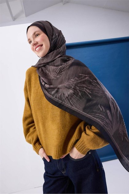 Viskon Mayda Shawl Dark Mink Background with Black Detailed Pattern Soft Textured 190X70