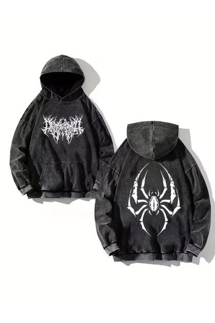 Spider Retro Printed Vintage Hooded Sweatshirt