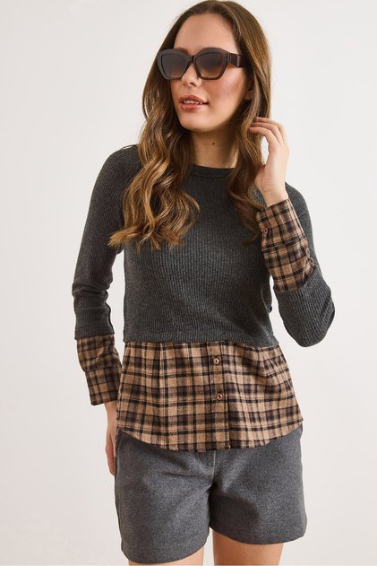 Women's Anthracite Plaid Shirt Detailed Soft Blouse Blz-19003194