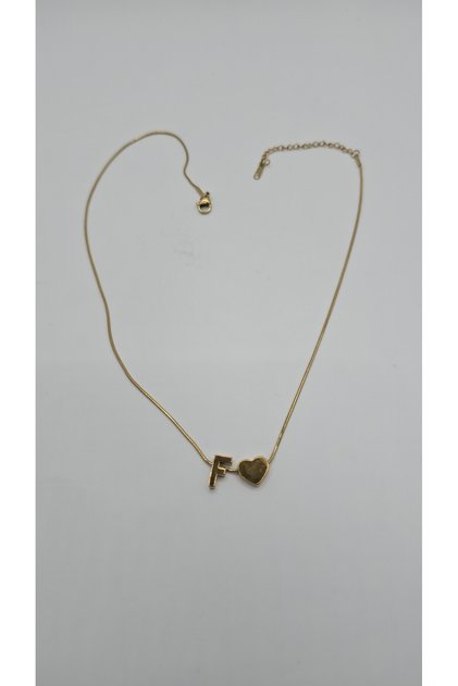 Gold Color-F Letter Necklace with Steel Heart Detail