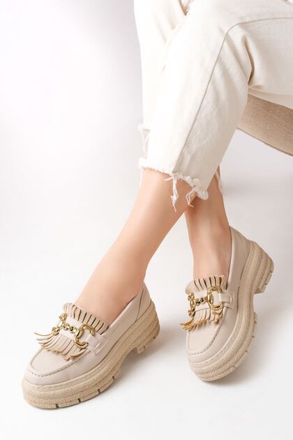 Zri̇n-750 Premium Beige Buckle Orthopedic High Sole Loafer