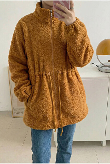 Senfgelbe Plüschjacke für Damen mit Taschen und Reißverschluss