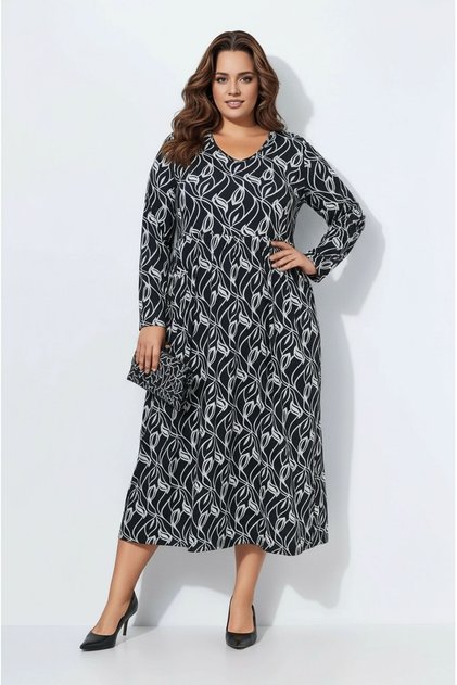 Women's Plus Size Crew Neck Patterned Waist Latex Long Sleeve Stylish Curve Dress