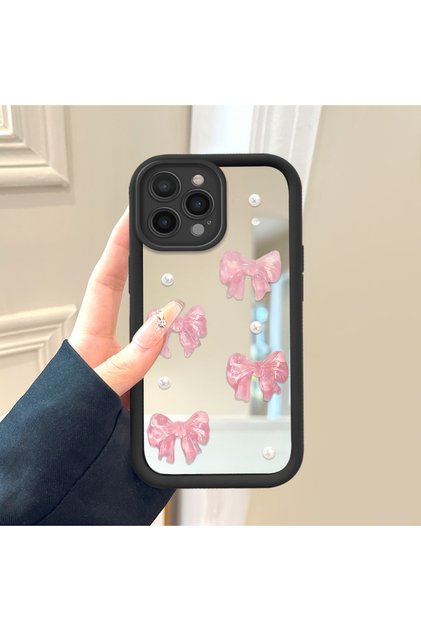 iPhone 14 Pro Compatible Ribbon Button Mirrored Anti-Fall Silicone Phone Case