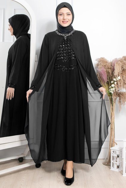 Taş İşleme Detaylı Payetli Elbise Siyah DNM2301