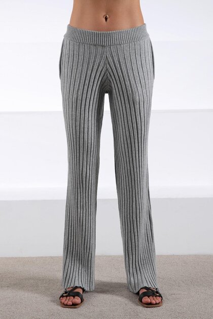 A.Grey High Waist Corded Fabric Pockets Wide Leg Corded Fabric Cashmere Women's Knitwear Trousers