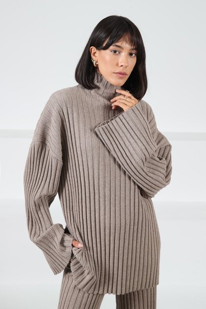Mink Long Sleeve Turtleneck Ribbed Cashmere Women's Knitwear Sweater
