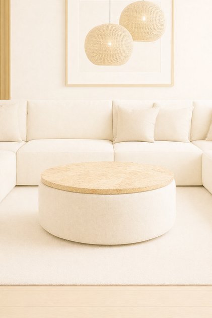 ARVENIA 60 CM ÜST TRAVERTEN TABLALI ORTA PUF SALON SEHPASI