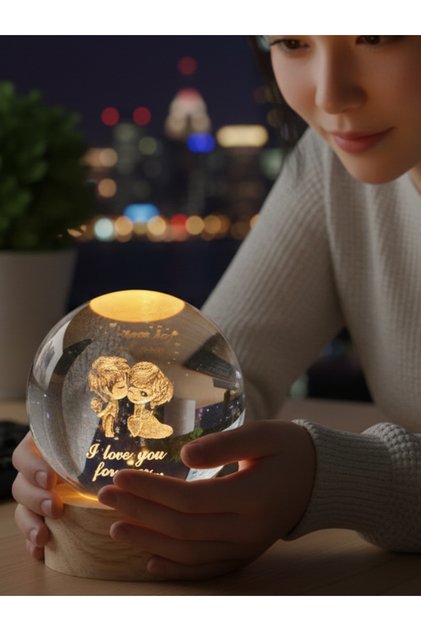 Sevgili Aşıklar Model Ahşap Altlıklı USB LED Kristal Cam Küre Gece Lambası | Dekoratif & Romantik