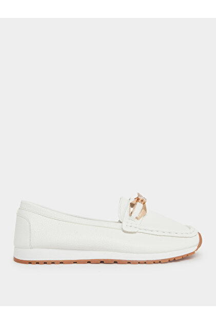 White Leather Loafers with Gold Buckle