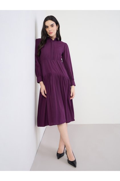 Women Purple Pleated Cuffed Sleeve Midi Dress