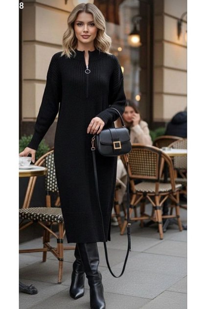 Half Fishmouth Zippered Neck Salak Slit Tricot Midi Dress