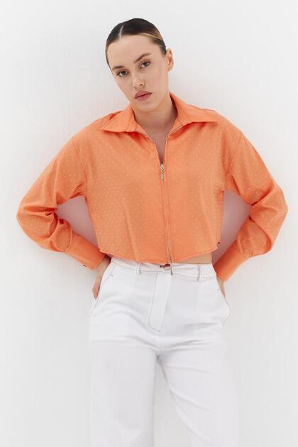 Zippered Stone Detailed Crop Shirt Orange
