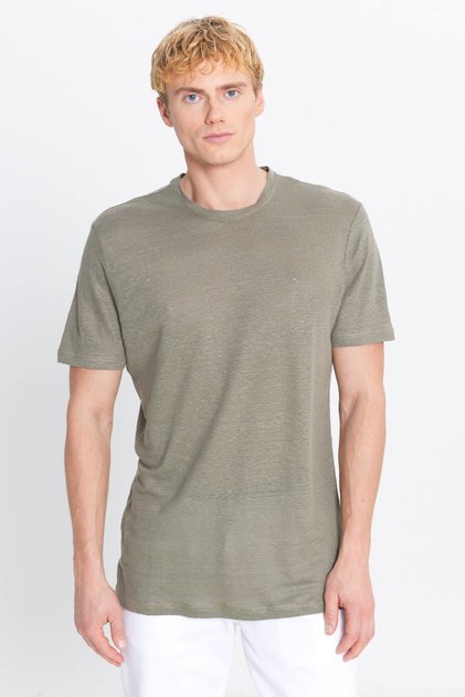 Men's Khaki 100% Linen Slim Fit Slim Fit Crew Neck T-Shirt