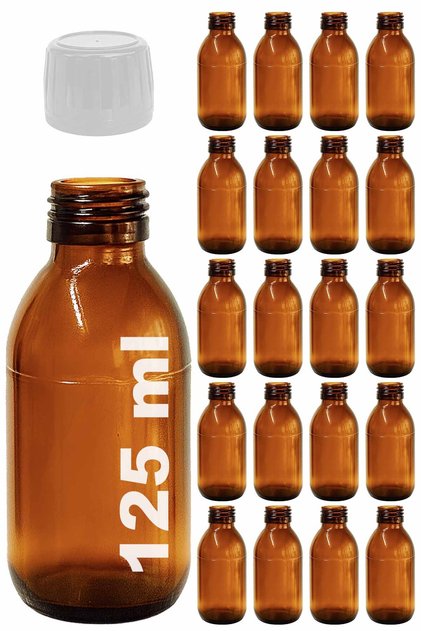 125 ml Round Medicine Syrup Bottle 125 Cc Amber Brown Glass Bottle with Lockable White Cap 20 Pieces