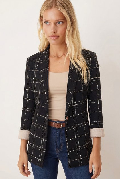Women's Black-Beige Shawl Collar Paneled Sleeves Single-Button Jacket ARM-26K001087
