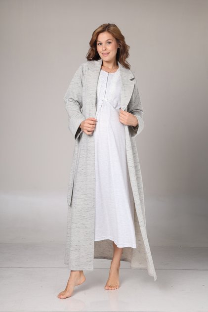 Gray Melange Long Robe and Nightgown Maternity Set - Hospital Discharge Maternity Set