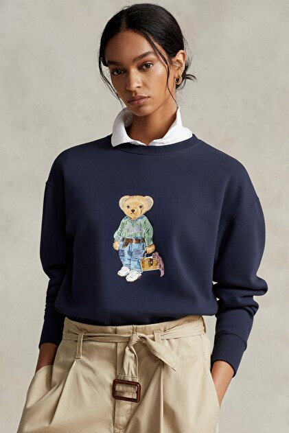Women's Oversized Sweatshirt Weekend Bear 3D Printed Navy Blue – Crew Neck, 3 Thread Raised
