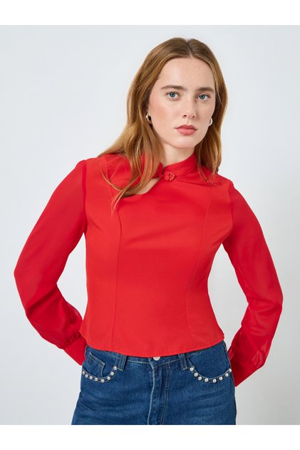 Women Red Long Sleeve Fitted Top