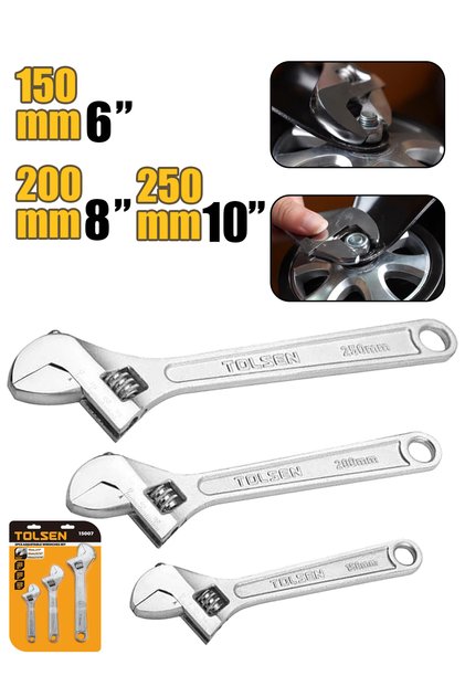 Tolsen 3-Piece Adjustable Wrench Set (6, 8, 10 inches), Plumbing and Maintenance Wrench