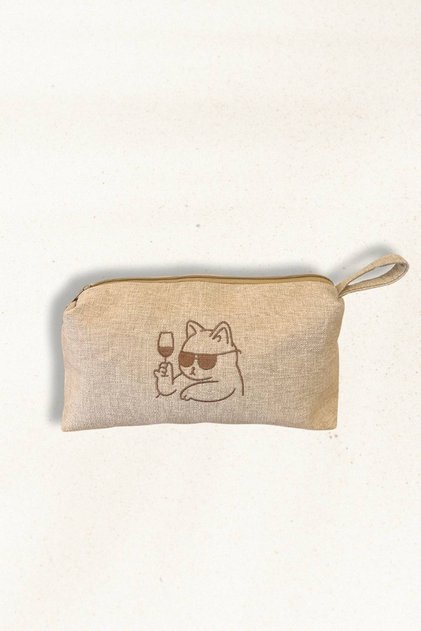 Linen Fabric Embroidery Detailed Small Hand & Makeup Bag – Zippered Makeup Bag with Cat Figure 20X30 cm