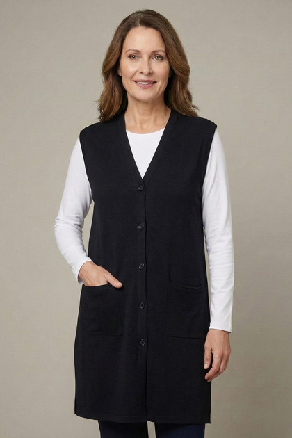 Women's Mother Black Buttoned Pocketed V-Neck Long Tunic Slim Combed Cotton Vest