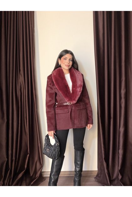 Women's Premium Jacket with Belted Detachable Fur Collar
