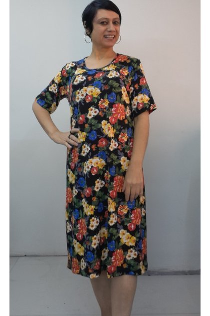 Black Yellow Red Blue Floral Print Short Sleeve Combed Viscose Dress