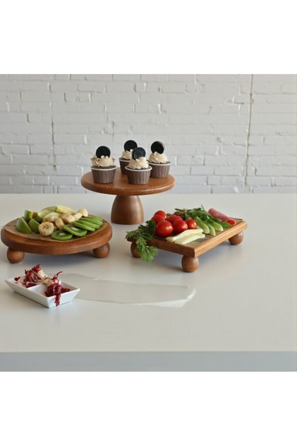 Üçlü Set 25 cm Pasta Standı, 25 cm Top Ayaklı Sunumluk 17x25 cm Sunumluk Ahşap Çeyiz Seti