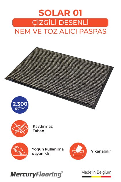 Solar 01 Bej – Çizgili Desenli, Bordürlü Kapı Önü Paspası
