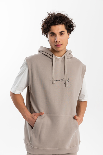 Oversize Buzlu-Kahve Kolsuz Hoodie