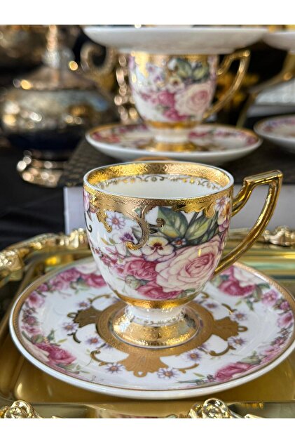 Royking 6 Personality 24K Gilt Porcelain Flower Motif Special Design Coffee Cup Set Mdl3