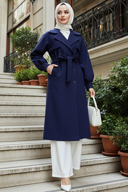 イギリス製　トラヤ　カシミヤ混ウールピーコート　ネイビー　TORAYA N.S NEVA STYLE Buttoned Navy Blue Hijab Cashmere Coat 62531L- Trendyol