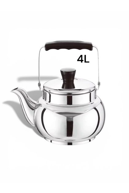 Steel teapot with black plastic handle, shiny stainless steel teapot