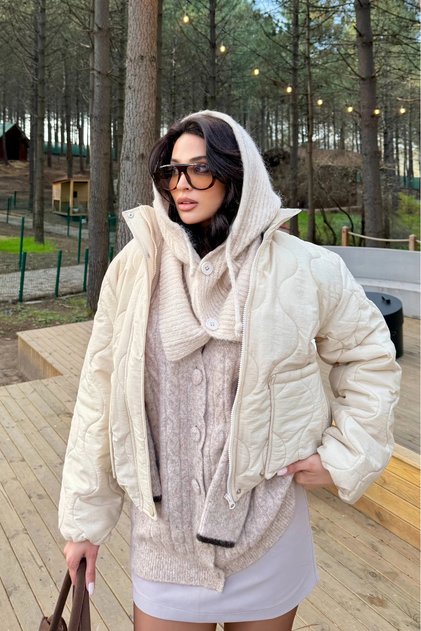 Women's Beige Knitwear Buttoned Balaklava Beanie 594-14800