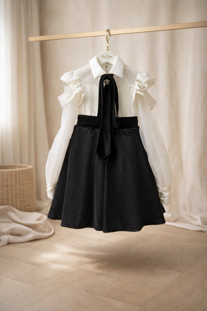 Girl's Black and White Collared Evening Dress with Scarf Detail