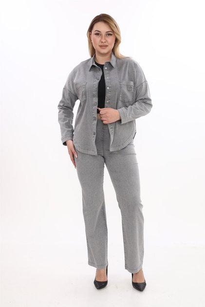 Women's smoky summer jacket with snap buttons, elastic waist and pockets, 2-piece set