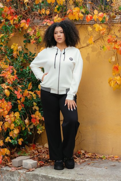Women's White Seasonal Zippered Hooded Elastic Waist Paneled Accessories 2-Piece Tracksuit Set