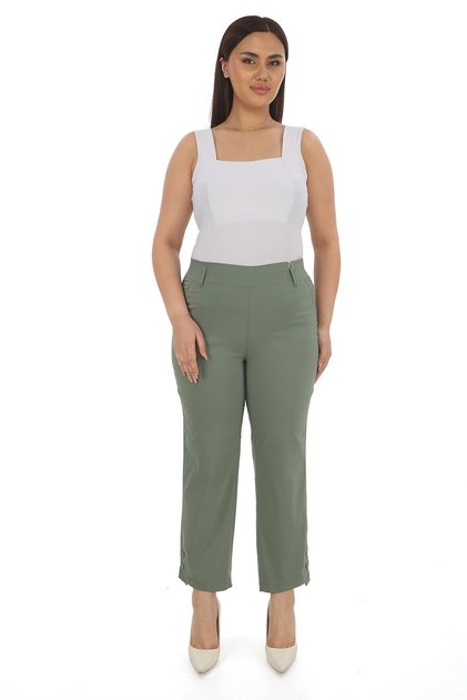 Women's Khaki Summer Trousers with Decorative Front Pockets, Snap Detail on the Legs, Elastic Waist