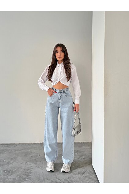 SIDE BELT ICE SNOW BUCKLE CARGO POCKET DETAIL BAGGY JEANS