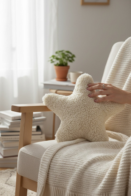 Star Shaped Teddy Fabric Baby Pillow – Soft Cream Decorative Star Throw Pillow