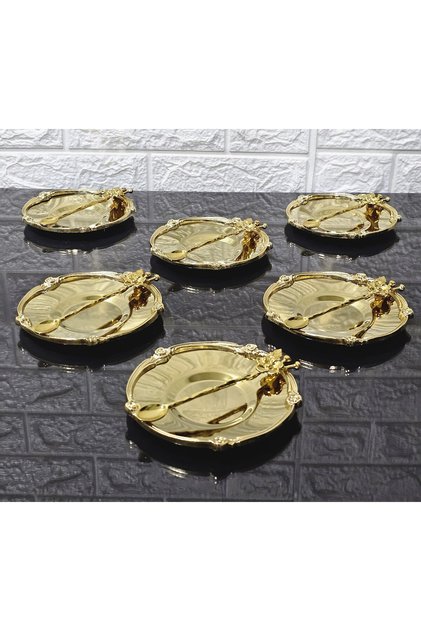 Metal 6-Piece Tea Saucer & 5.5 cm Inner Cup Diameter with Cast Iron Rose Frame and Spoon Full Gold