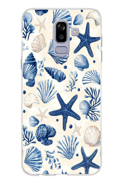 Printed Silicone Case Compatible with Samsung Galaxy J8-A6 Plus Blue Sea Shell and Star Pattern