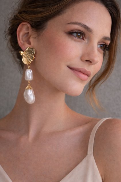 Gold Shell Detailed Double Pearl Dangle Women's Earrings | Elegant and Stylish Design