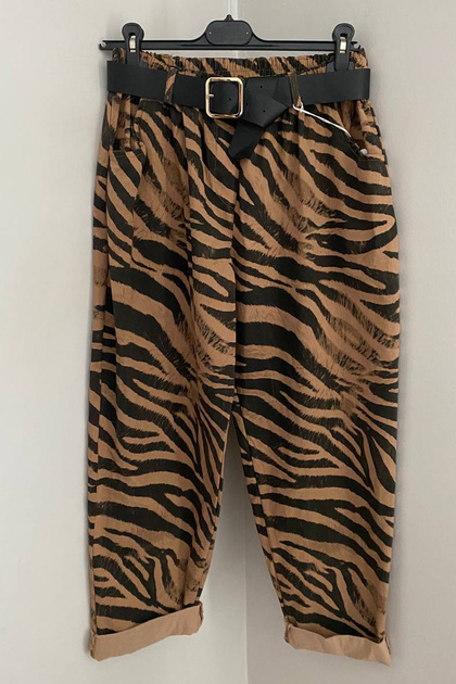 Women's Italian Camel Elastic Waist Belted Zebra Patterned Side Pocket Oversized Casual Trousers