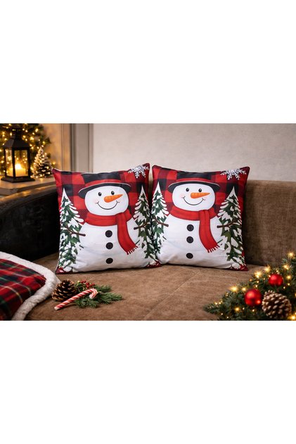 New Year's Patterned Set of 2 Premium Fabric Cushion Covers 43X43 cm – Christmas Themed Decorative Pillowcases