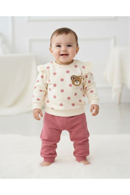 Baby Girl Polka Dot Teddy Bear Embroidered Thin m Transitional 1-2-3 Years Old Lower Top Set
