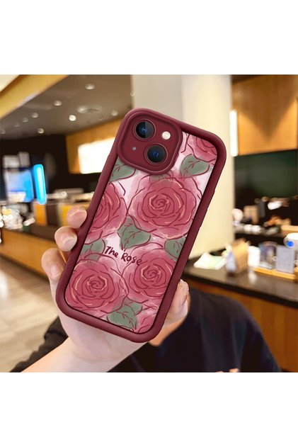 iPhone 15 Compatible Rose Butterfly Patterned Burgundy Silicone Shockproof Case