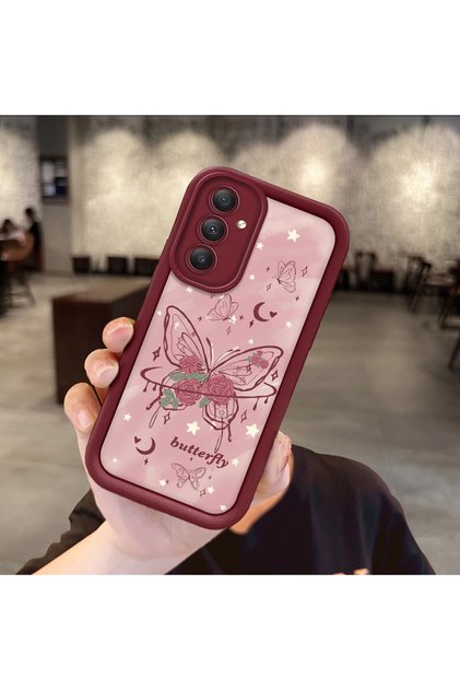 Samsung Galaxy A54 Compatible Rose Butterfly Patterned Burgundy Silicone Shockproof Case